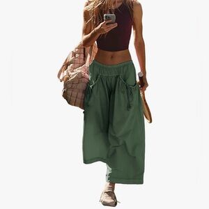 Women's Loose Wide Leg Track Pants With Drawstring Pockets - Army green